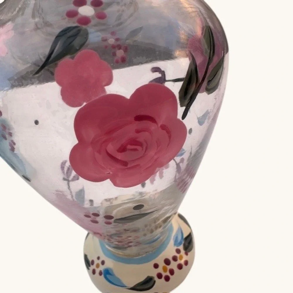 Pfaltzgraff Hand‎ Painted Floral Glass Vase Pink Rose Ruffled Rim Pedestal 7.5in